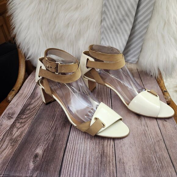 Pierre Hardy Cream/Tan Vtg Leather Ankle Wrap Block Heel Shoes Sz 40/9 - Picture 4 of 16